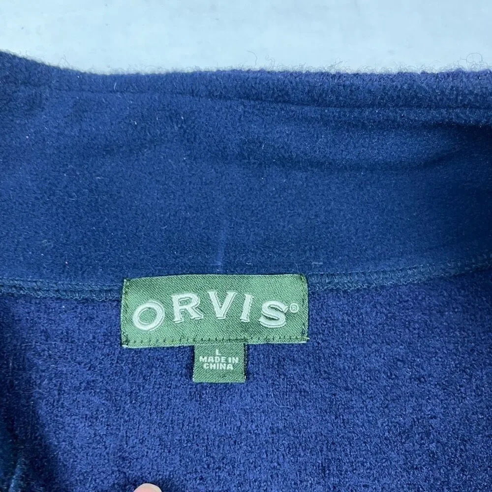 Orvis Mens 1/4 Snap Button Wool Sweater Blue Faux Leather Trim Rugged Pullover L